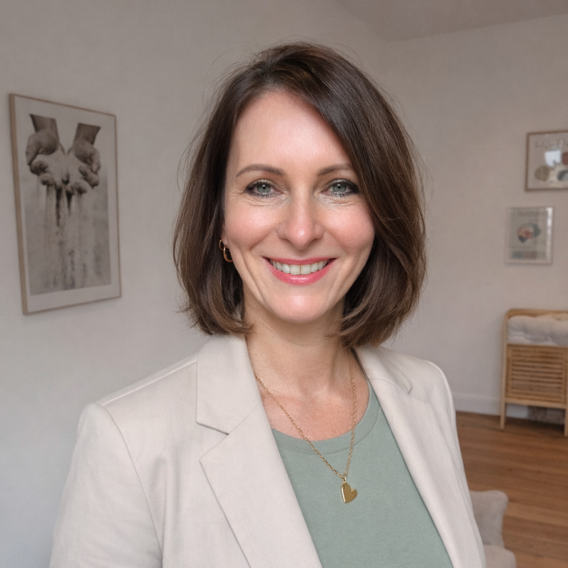 Petra Röller Frau mit kurzer, brauner Haarfrisur, lächelnd in einem hellen Raum mit Pflanzen.